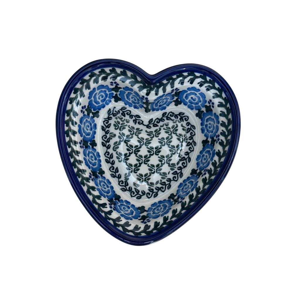 Polish Pottery Ceramika Artystyczna BLUE ROSE 5.5" Heart Bowl Unikat Boleslawiec